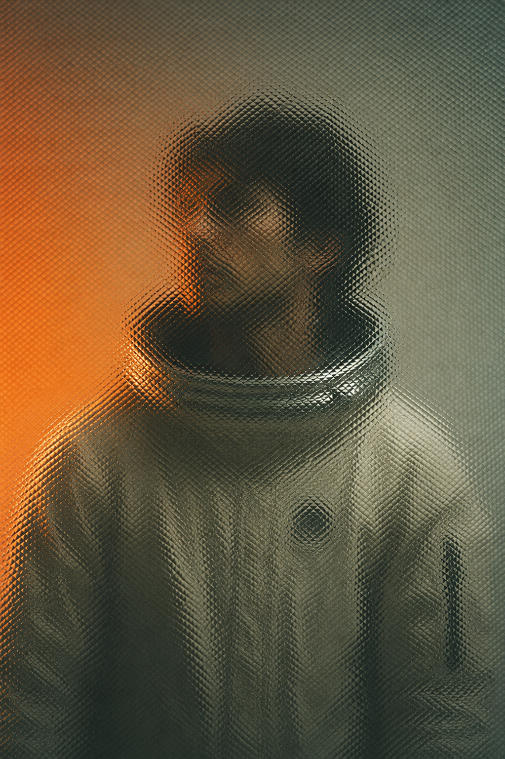 A helmeted human figure emerging through textured glass in olive and orange light