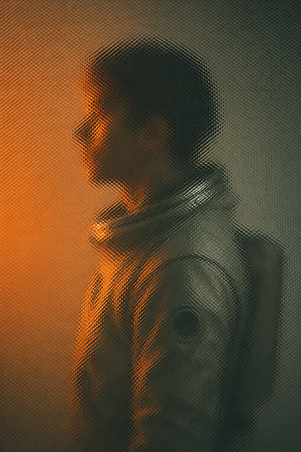 A human form emerging behind textured glass in olive and orange light